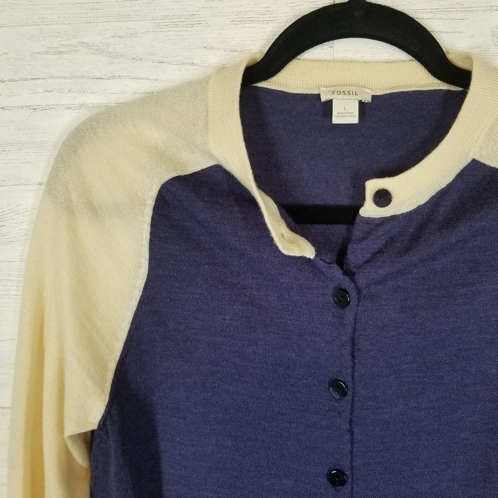 Fossil Cream & Navy Button Front Cardigan Sz Large - image 5
